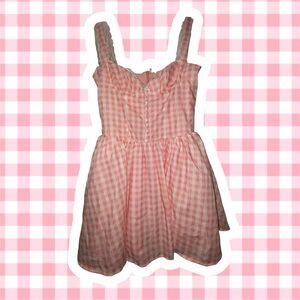 Baby Pink & White Gingham Babydoll Mini Dress with Lace